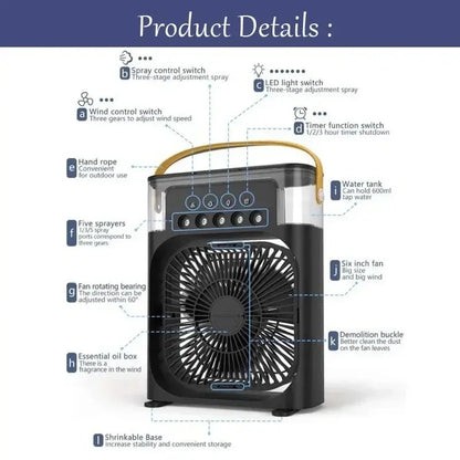 3-in-1 Portable Air Conditioner Fan with LED Light - USB Cooling Dubai UAE